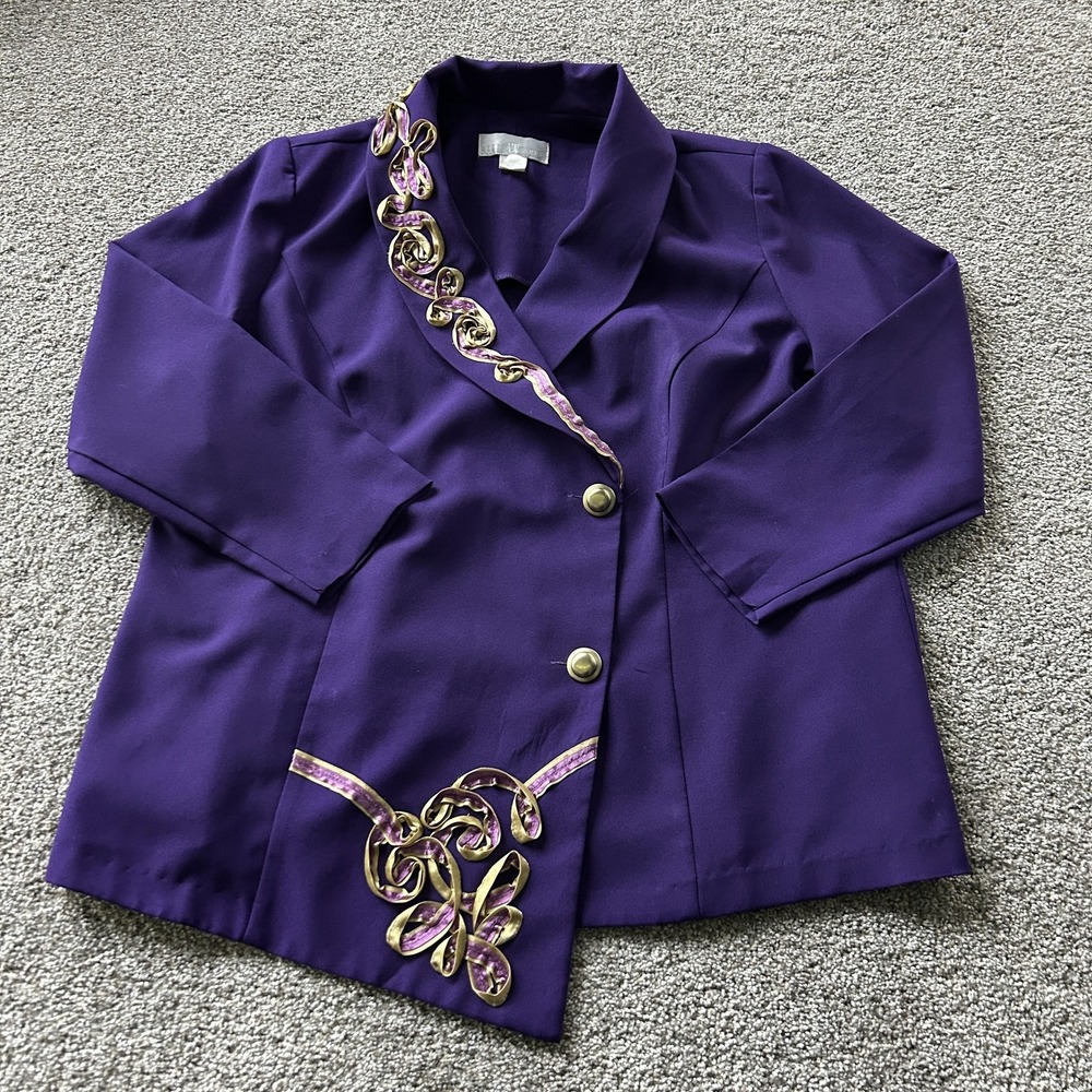 Vintage Allison Woods Blazer Jacket Womens 20W Purple Satin Embellished Button